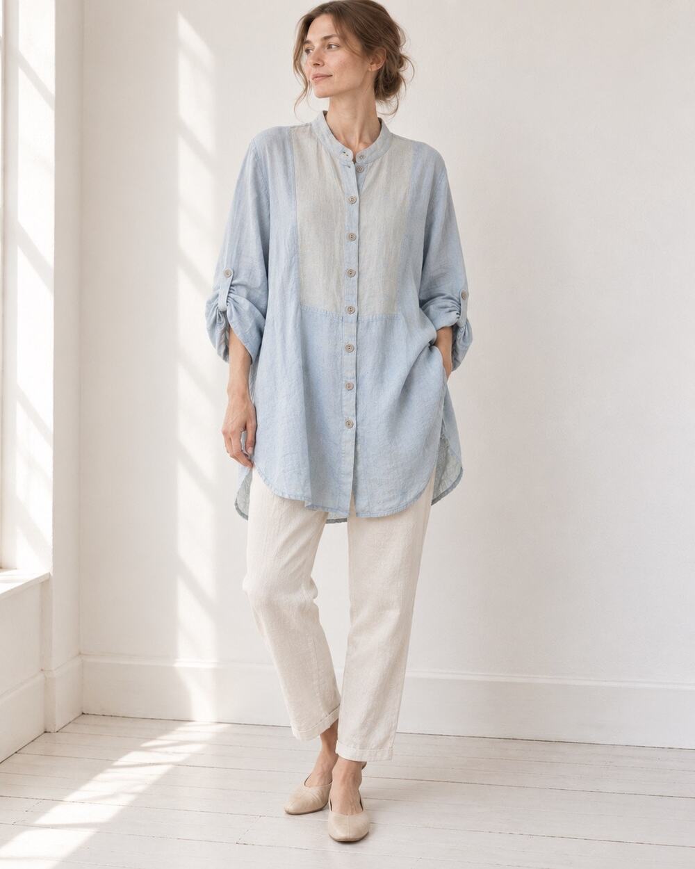 Vintage 90s FLAX by Jeanne Engelhart 100% Linen Tunic Shirt Large Blue Lagenlook